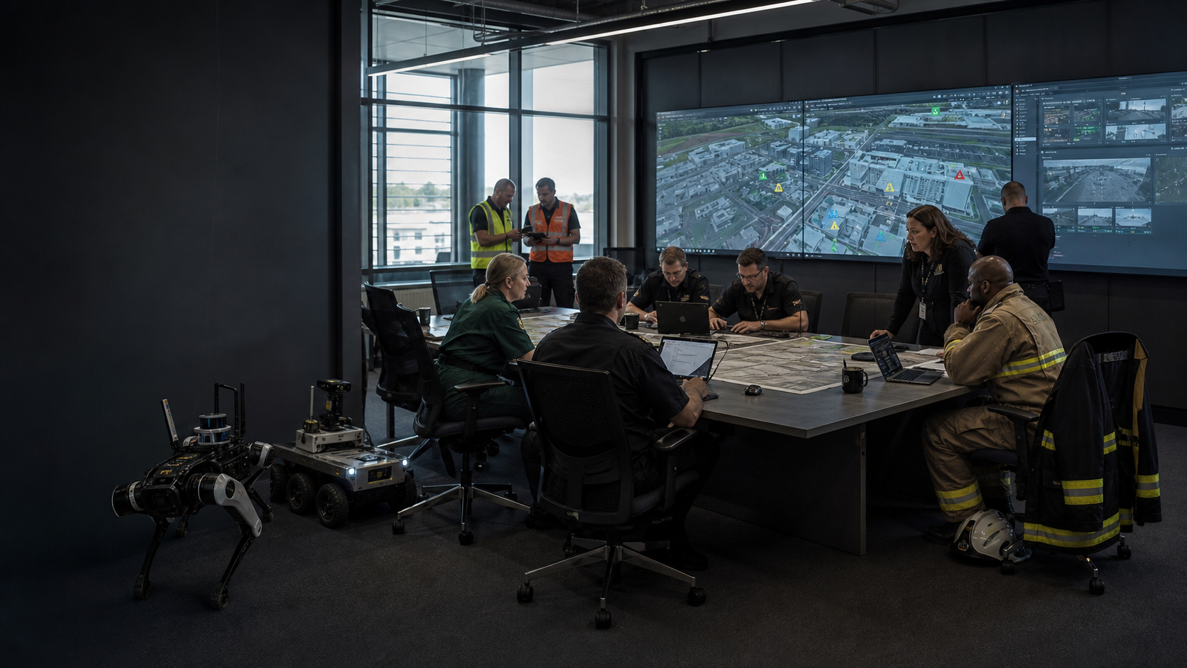 Emergency operations centre with a digital twin and autonomous systems.